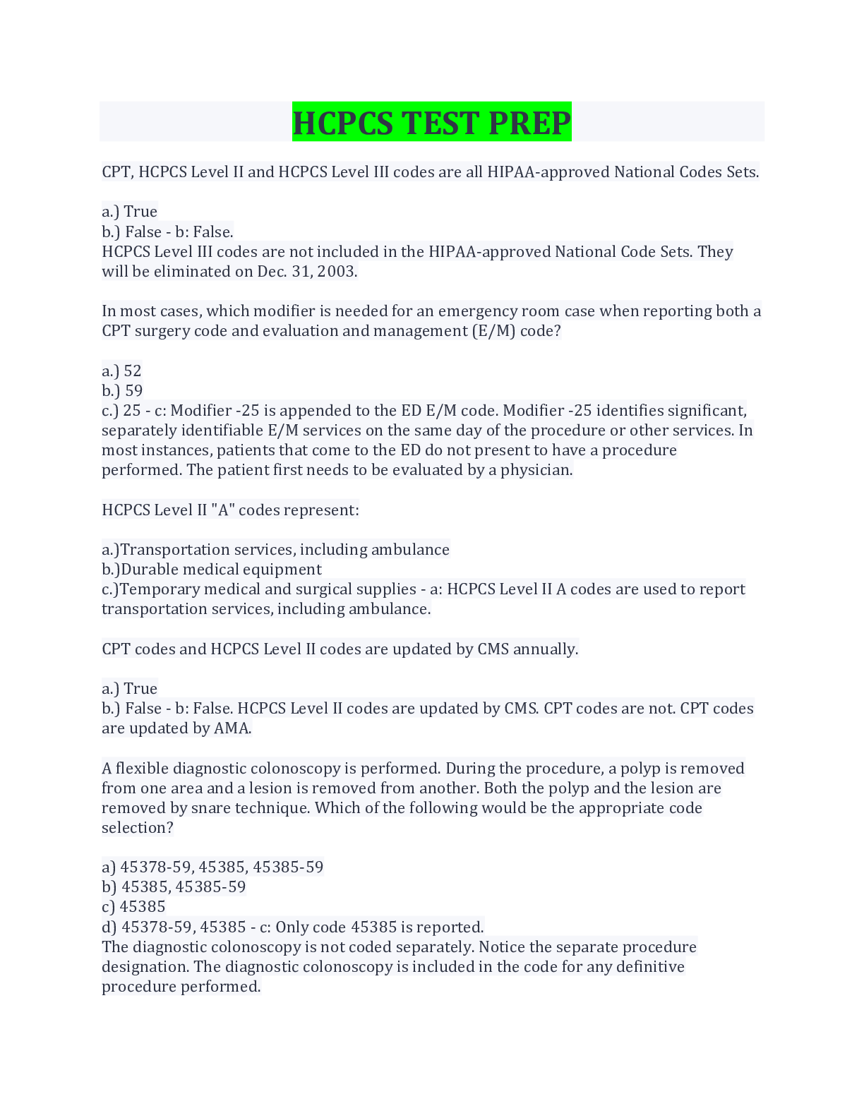 Preview image for HCPCS TEST PREP QUESTIONS AND ANSWERS LATEST UPDATE 100% CORRECT